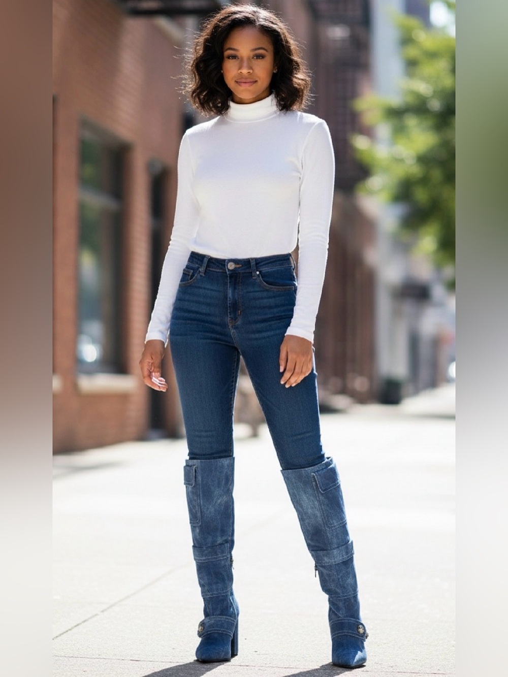 Denim-Effect Blue Over-the-Knee Block Heel Boots